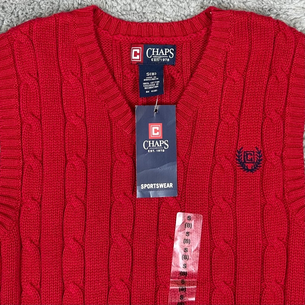 Chaps Boys Red Cable Knit V-Neck Sweater Vest Size S 8 Cotton 333515991002